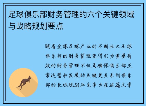 足球俱乐部财务管理的六个关键领域与战略规划要点 足球俱乐部财务管理的六个关键领域与战略规划要点