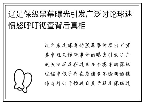 辽足保级黑幕曝光引发广泛讨论球迷愤怒呼吁彻查背后真相 辽足保级黑幕曝光引发广泛讨论球迷愤怒呼吁彻查背后真相