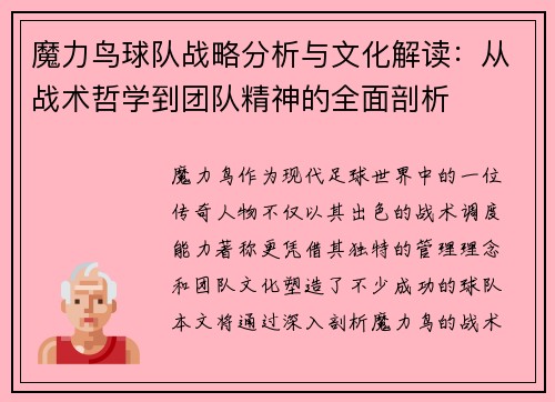 魔力鸟球队战略分析与文化解读：从战术哲学到团队精神的全面剖析